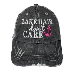 Lake Hair Don't Care Strapback Trucker Hat Gray OSFA Mesh Back Distressed